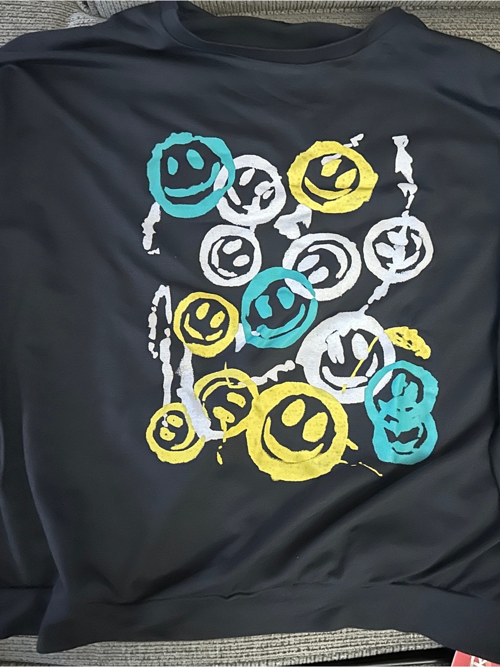 ROMWE Black Long Sleeve Tee with Yellow, Teal & White Smile Prints